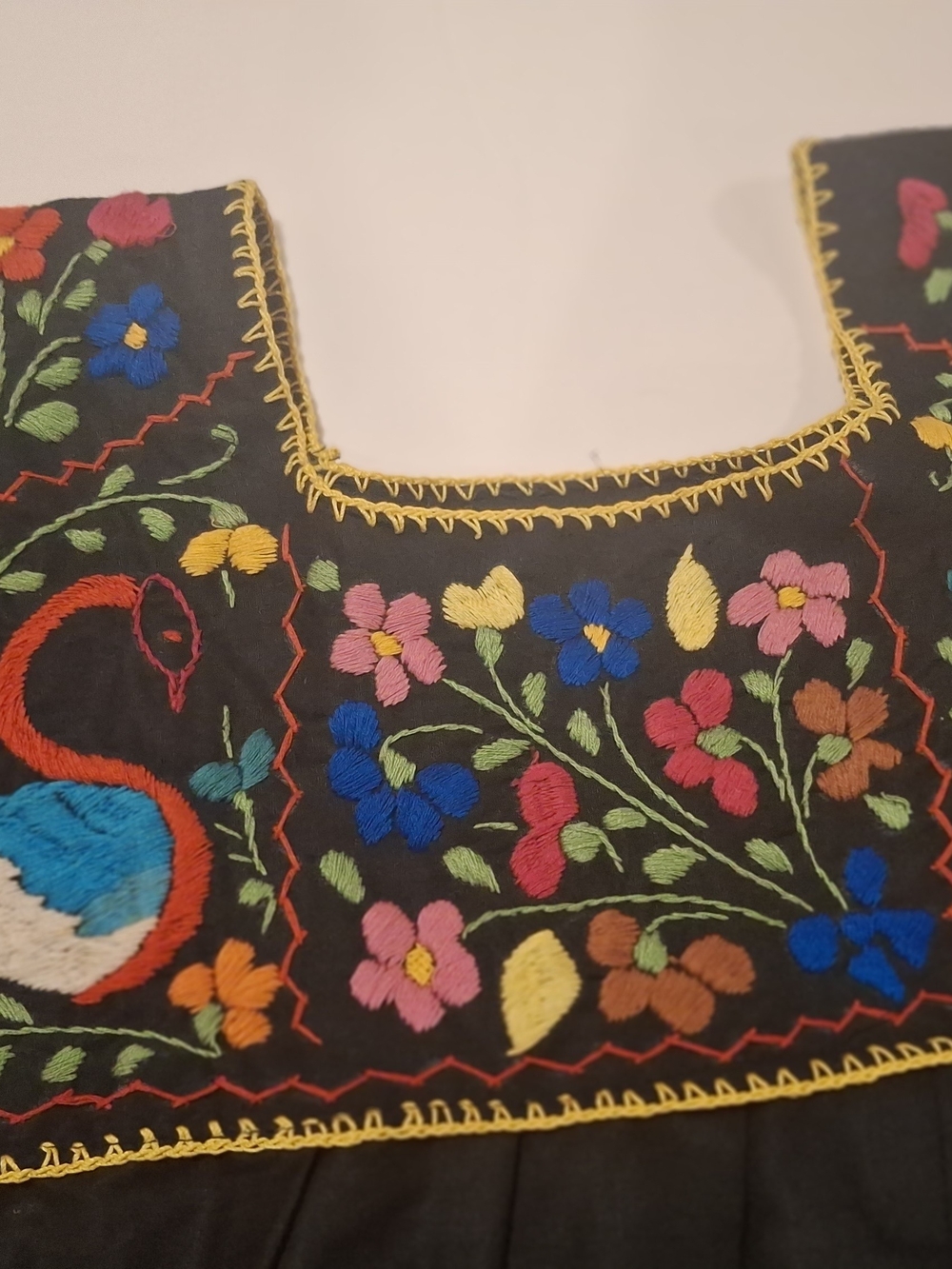 Black Embroidered Boho Peasant Blouse with Colorful Floral Birds - Picture 3 of 11